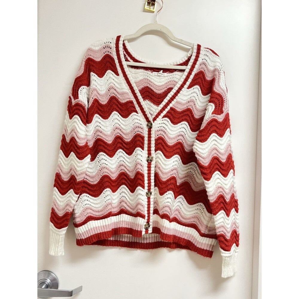Maurice’s Chunky Knit Red/White/Pink Wavy Stripe Cardigan V-Neck Sweater Size XL